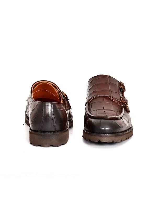 Hakiki Kroko Baskı Deri EVA Taban Çift Toka Detaylı Erkek Ayakkabı - 9