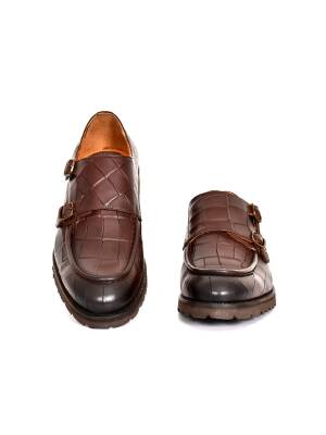 Hakiki Kroko Baskı Deri EVA Taban Çift Toka Detaylı Erkek Ayakkabı - 10