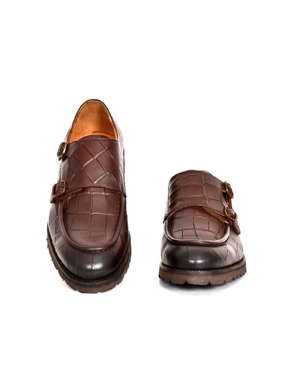 Hakiki Kroko Baskı Deri EVA Taban Çift Toka Detaylı Erkek Ayakkabı - 10